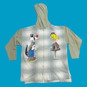 Vintage 90's Looney Tunes Short Sleeve Hoodie Button Up Size M Tweety Sylvester